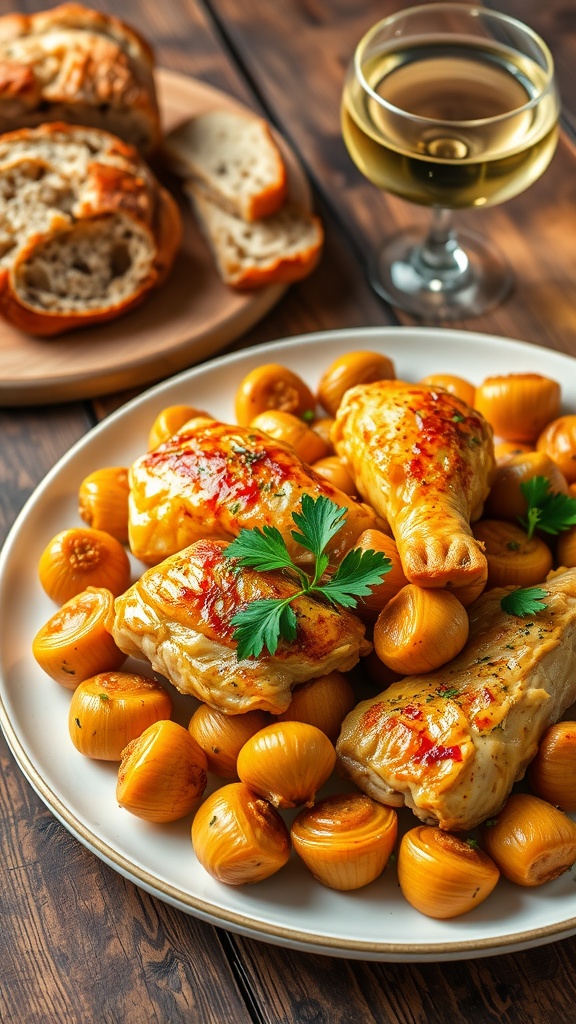 A plate of chicken with roasted garlic cloves, garnished with parsley, on a rustic wooden table with bread.